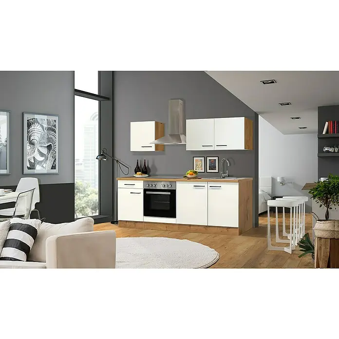 Flex-Well Avila Singleküche - Breite: 210 cm, Magnolia, Mit Elektrogeräten - Moderne Küche mit weißen Schränken und Holzdetails, die ein stilvolles und funktionales Design bieten.