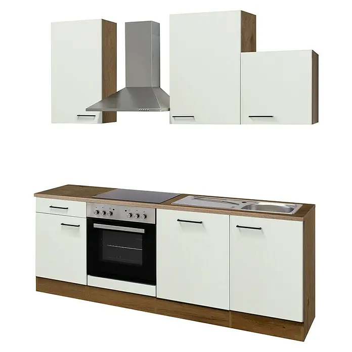 Flex-Well Avila Küchenzeile Typ 1 - Breite: 220 cm, Höhe: 234 cm, Magnolia, Mit Elektrogeräten - Moderne Küchenzeile mit weißen Fronten, hellbraunen Holzoptik-Paneelen, integriertem Backofen, Kochfeld, Spüle und Dunstabzugshaube in Silber.