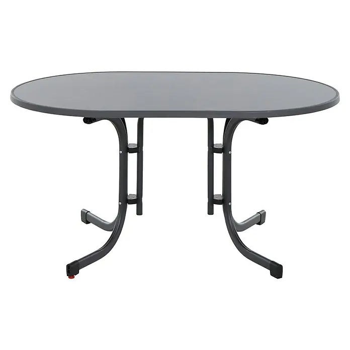 Siena Garden Urban Lights Gartenmöbel-Set - 5 -tlg., Polypropylen, Anthrazit, Stapelbar - Ein grauer ovaler Tisch mit einem robusten Metallgestell bietet eine stabile und stilvolle Ergänzung für jeden Raum.