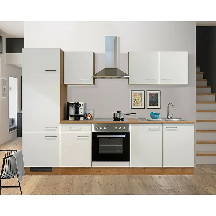 Flex-Well Avila Küchenzeile Typ 1 - Breite: 270 cm, Höhe: 200 cm, Magnolia, Mit Elektrogeräten - Helle Küche mit weißen Schränken, Holz-Arbeitsplatte und modernen Geräten. Ideal für stilvolles Kochen und Genießen im Zuhause.