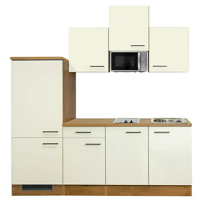 Flex-Well Avila Singleküche mit Mikrowelle - Breite: 210 cm, Magnolia, Mit Elektrogeräten - Kompakte Küchenzeile mit hellbeigen Schränken, Arbeitsplatte in Holzoptik, integrierter Mikrowelle, Kochfeld, Spüle und hohem Stauraum.