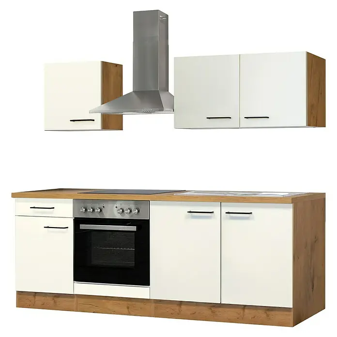 Flex-Well Avila Singleküche - Breite: 210 cm, Magnolia, Mit Elektrogeräten - Kompakte Küchenzeile mit weißen und holzfarbenen Schränken, Edelstahl-Ofen, Kochfeld, Spüle und Dunstabzugshaube.