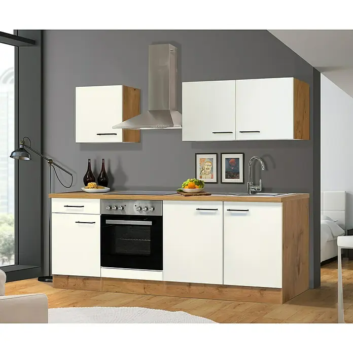 Flex-Well Avila Singleküche - Breite: 210 cm, Magnolia, Mit Elektrogeräten - Moderne Küchenzeile mit weißen Fronten und Holzoptik. Ausgestattet mit Spüle, Kochfeld und Backofen. Praktisches Design für kleine Räume.