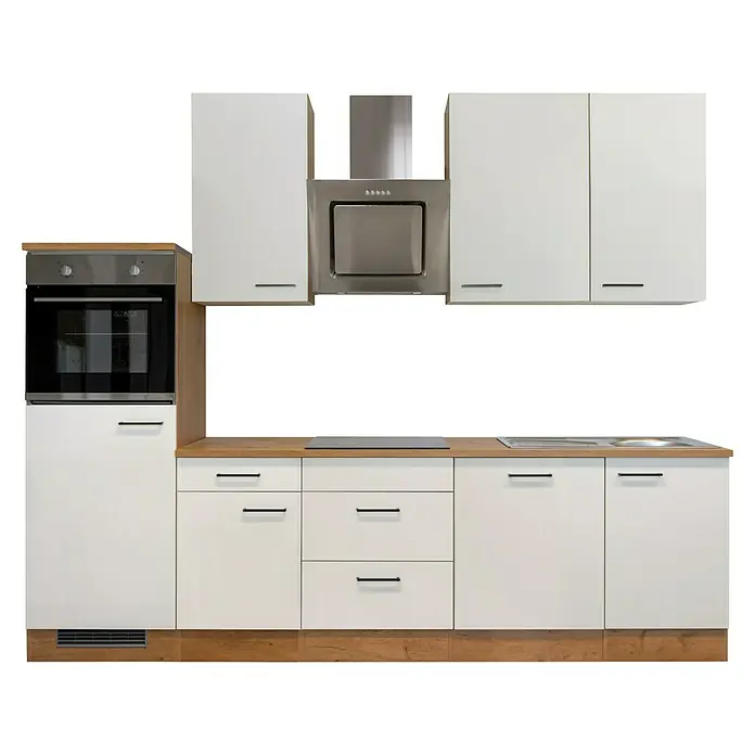 Flex-Well Avila Küchenzeile Typ 1 - Breite: 280 cm, Höhe: 234 cm, Magnolia, Mit Elektrogeräten - Moderne weiße Küche mit Holztheke und Sockel, integriertem Edelstahl-Ofen, Induktionskochfeld, Spüle und Dunstabzugshaube.