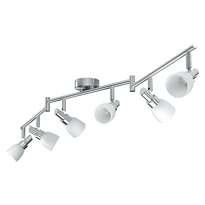 Osram LED-Deckenstrahler 827 - 12 W, L x B x H: 125 x 8 x 19,2 cm, Weiß/Silber, Warmweiß - Bild einer modernen Chrom-Spotleuchte mit sechs weißen Lampenschirmen, ideal für stilvolle Beleuchtung.