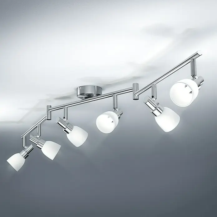 Osram LED-Deckenstrahler 827 - 12 W, L x B x H: 125 x 8 x 19,2 cm, Weiß/Silber, Warmweiß - Chromfarbene Deckenleuchte mit sechs Strahlern. Die modernen Lampen sind mit ihren weißen Glaslampenschirmen ein Hingucker.