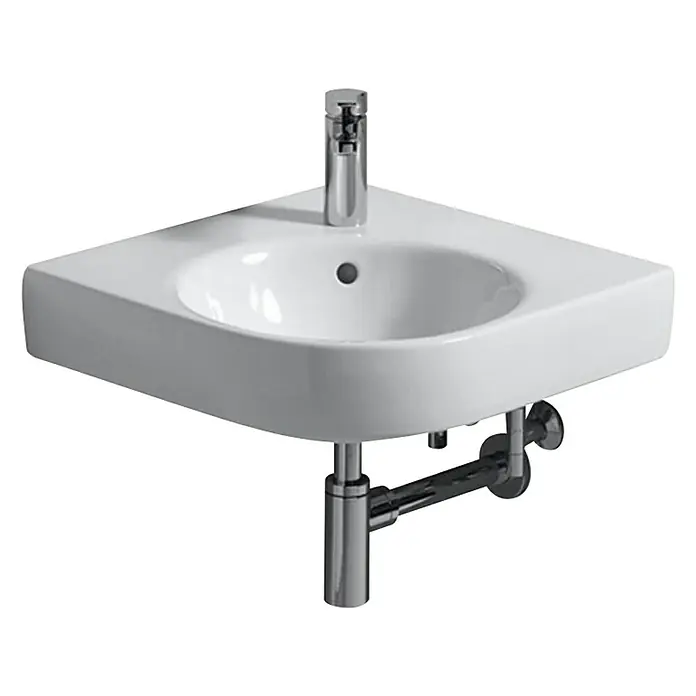 Geberit Renova Comprimo Eckwaschbecken - 69,5 x 61,5 cm, Mit schmutzabweisender Glasur, Hahnloch: Mitte, Mit Überlauf, Weiß - Weißes Eckwaschbecken mit Chromarmatur und Ablaufsystem für moderne Badezimmer.