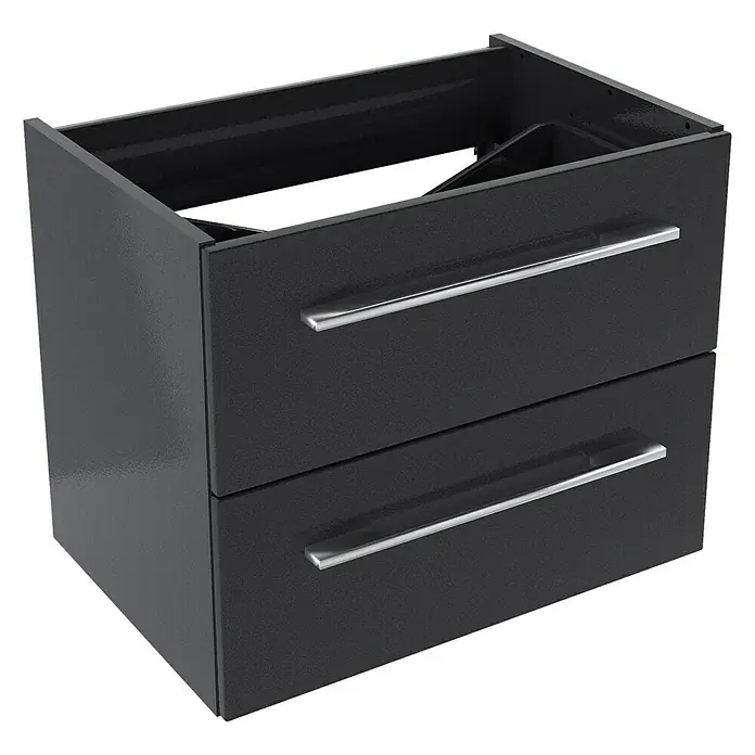 Camargue Stella Waschtischunterschrank - 59,2 x 40,8 x 49 cm, Ohne Beleuchtung, Grafit - Ein schwarzer Waschtischunterschrank mit zwei Schubladen und silbernen Griffen für ein modernes Badezimmerdesign. Praktisch und stilvoll.