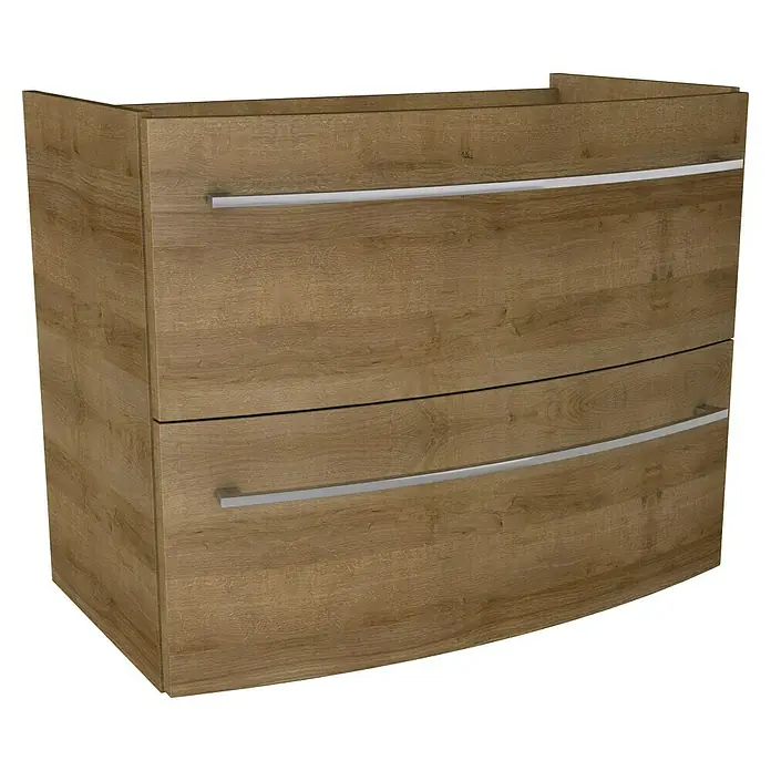 Camargue Swing Badmöbel-Set SW820B - Gesamtbreite Badmöbel: 80 cm, Berg Eiche, Matt, 3 -tlg. - Badezimmerschrank mit zwei Schubladen und silbernen Griffen in Holzoptik. Perfekt für das moderne Badezimmerdesign und viel Stauraum.