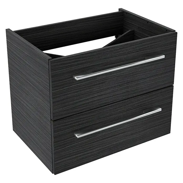 Camargue Stella Waschtischunterschrank - 59,2 x 40,8 x 49 cm, Ohne Beleuchtung, Dark Oak - Eine moderne, dunkle Holzkommode mit zwei Schubladen und silbernen Griffen, ideal für Badezimmer oder Schlafzimmer.