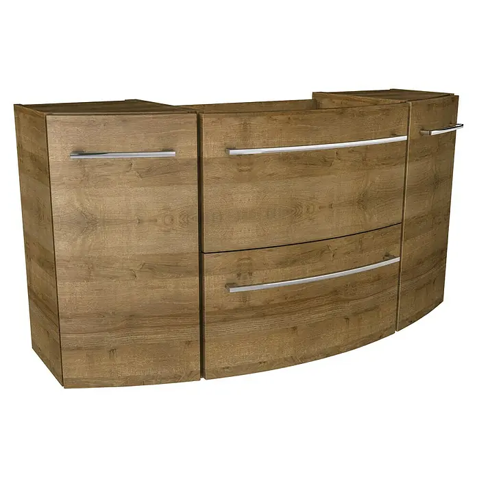 Camargue Swing Badmöbel-Set SW1210B - Gesamtbreite Badmöbel: 120 cm, Berg Eiche, Matt, 3 -tlg. - Ein dreiteiliger, geschwungener Holzschrank mit Schubladen und silberfarbenen Griffen bietet Stauraum und ein modernes Design.