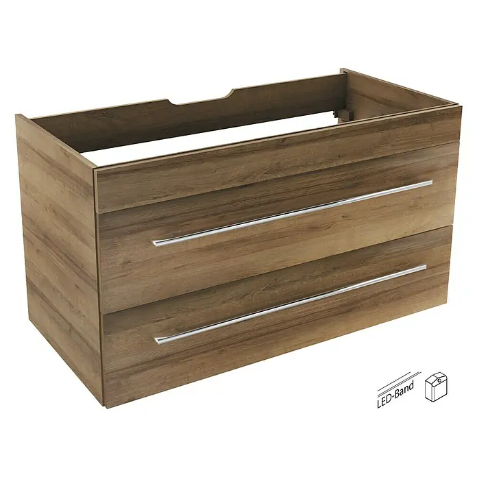 Camargue Stella Badmöbel-Set G12B21 - Gesamtbreite Badmöbel: 100 cm, Berg Eiche, Matt, 3 -tlg. - Badezimmerschrank mit zwei Schubladen und Holzoptik. Der Waschtischunterschrank ist modern und bietet viel Stauraum im Badezimmer.