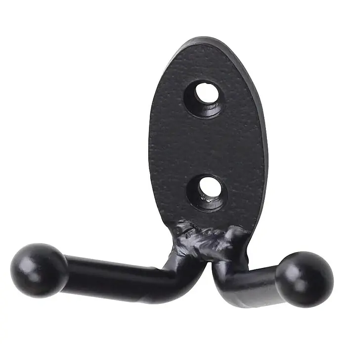 Rei Garderobenhaken C1419 - L x B x H: 57 x 65 x 44 mm, Metall, Schwarz - Schwarzer doppelter Metallhaken mit ovaler Rückenplatte und zwei Befestigungslöchern.