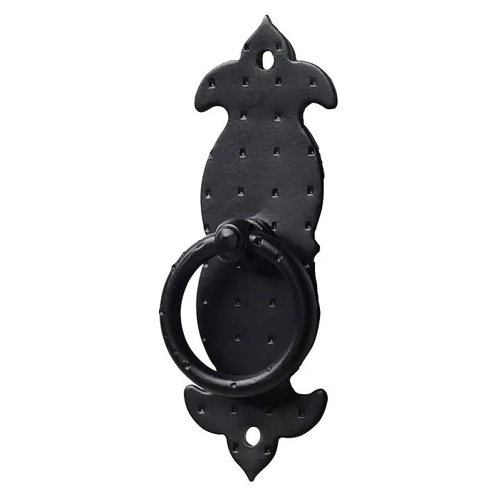 Rei Möbelgriff - Lochabstand: 98 mm, Stahl, Schwarz, L x B x H: 37 x 98 x 14 mm - Schwarzer, verzierter Metall-Ringgriff mit dekorativer Rückenplatte und genagelter Textur.