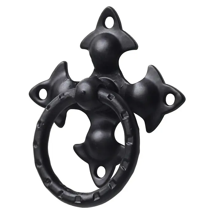 Rei Möbelgriff - Lochabstand: 63 mm, Stahl, Schwarz - Dekorativer schwarzer Metallringgriff mit kreuzförmiger Rückenplatte und strukturiertem Ring.