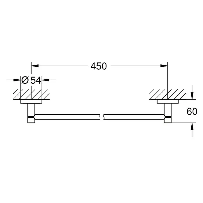 Grohe Essentials Badetuchhalter - Breite: 50,4 cm, Chrom, Glänzend - Abbildung einer Handtuchstange mit den Maßen Durchmesser 54, Abstand 450 und Höhe 60.