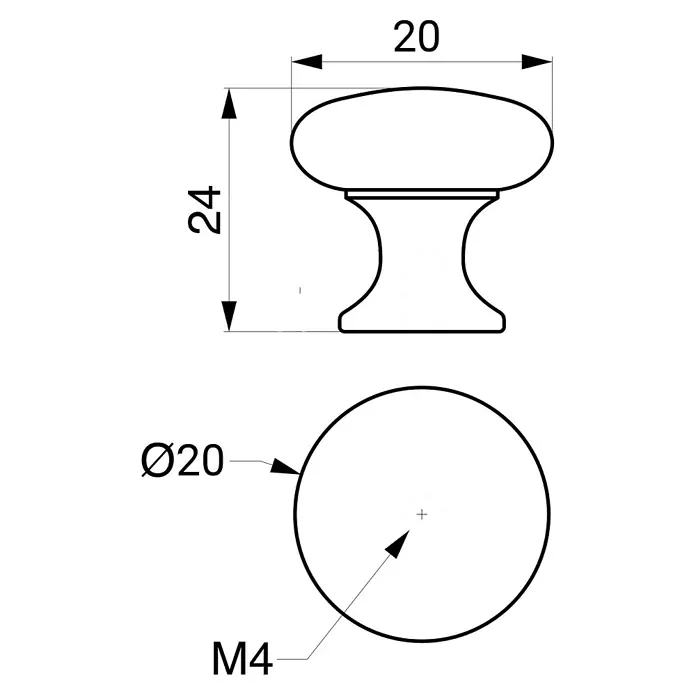 Rei Möbelknopf - Durchmesser: 20 mm, Antikes Messing, L x H: 20 x 20 mm - Technische Zeichnung eines Knaufs. Maße: Höhe 24mm, Oberteilbreite 20mm, Basis Ø20mm, M4 Gewinde.