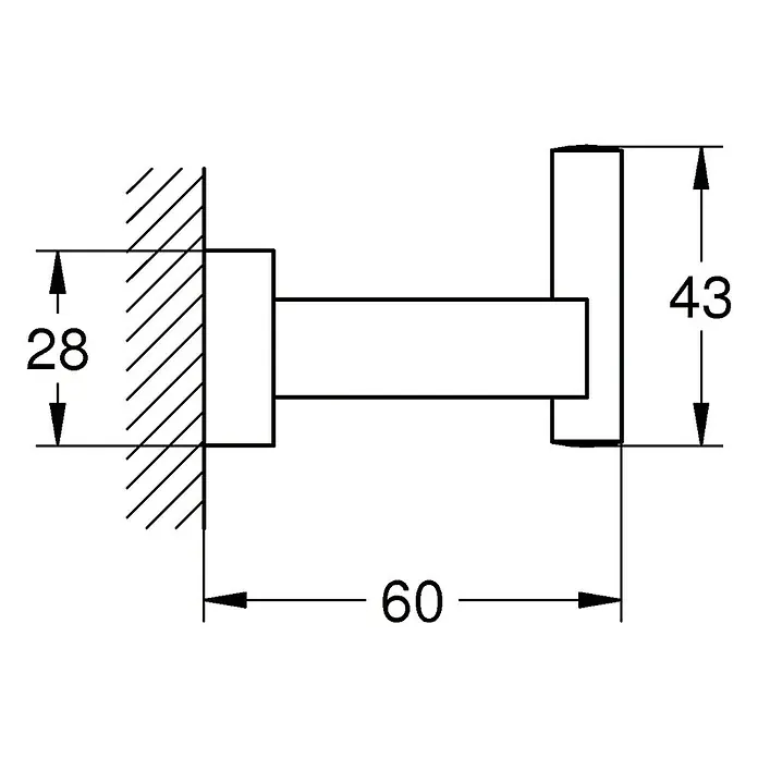 Grohe Essentials Cube Bademantelhaken - Chrom, Glänzend - Technische Zeichnung eines Wandhaken mit Maßen. Der Haken ist 60 mm lang und hat Durchmesser von 28 mm an der Wandseite und 43 mm am Ende.