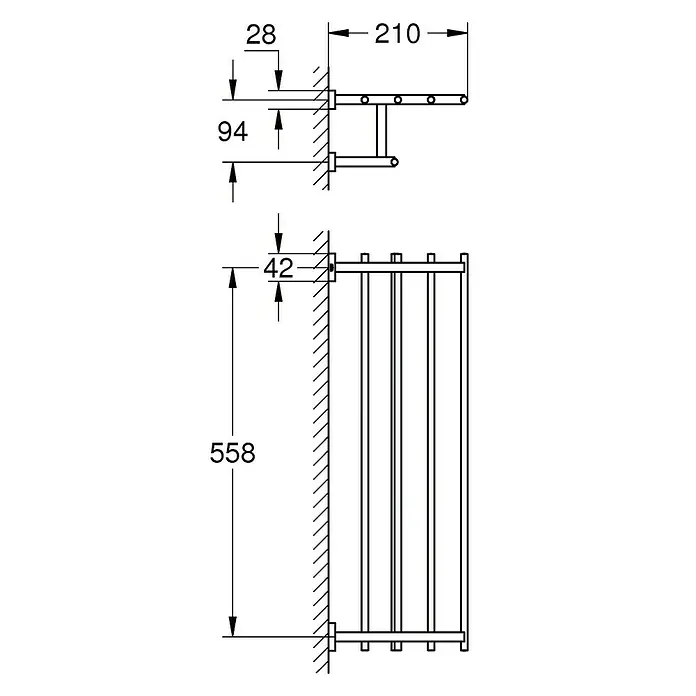 Grohe Essentials Cube Multi-Badetuchhalter - Mit Ablage, Chrom, Glänzend - Schematische Darstellung eines Heizkörpers mit zusätzlichen Handtuchhaltern und Maßangaben zur Montage.