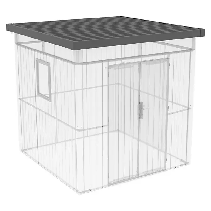 Gardol Ersatzdach Cubus - Passend für: Gardol Gerätehaus Cubus - Abbildung eines transparenten Gartenhauses mit grauem Dach, das einen hellen und luftigen Raum für den Garten bietet.