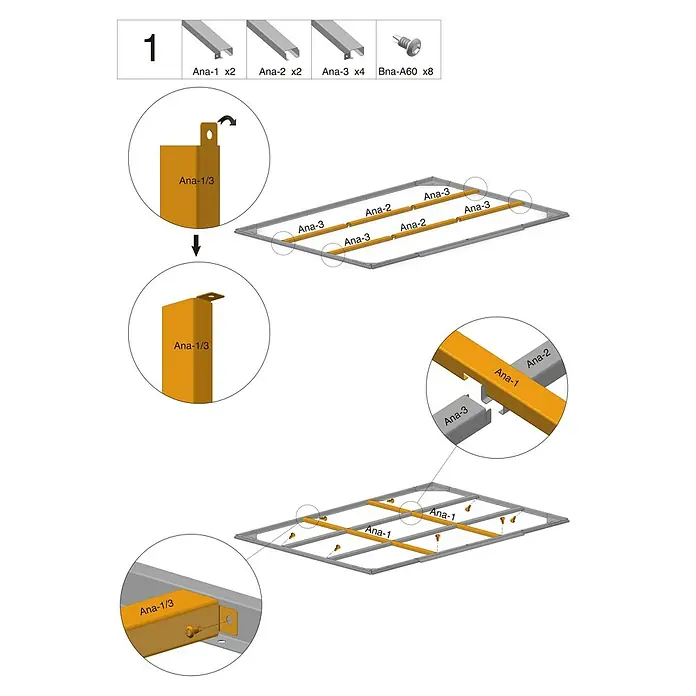 Gardol Bodenrahmen Style - Passend für: Gardol Gerätehaus Style - Abbildung der Montageanleitung für einen Rahmen, der Metallprofile und Schrauben umfasst.