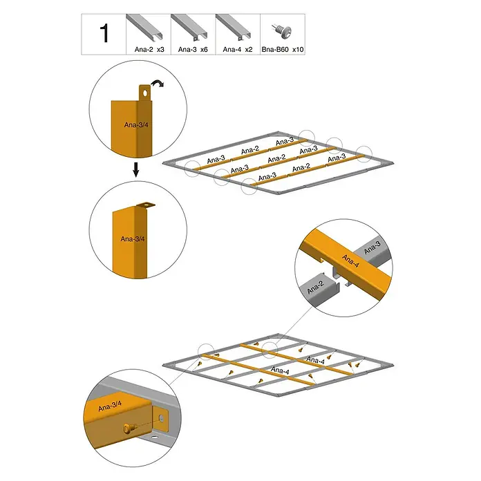 Gardol Bodenrahmen Cubus & Style Midi - Passend für: Gardol Gerätehaus Cubus - Aufbauanleitung Schritt 1: Montage des Bettgestells mit den Teilen Ana-2, Ana-3, Ana-4 und Ana-3/4 sowie Schrauben Bna-B60.