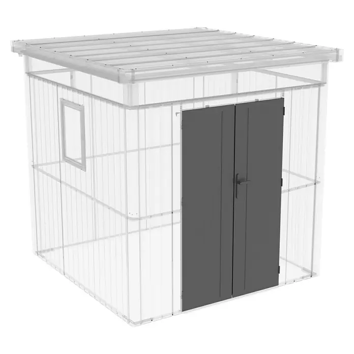 Gardol Ersatztür Cubus - Passend für: Gardol Gerätehaus Cubus - Abbildung eines transparenten Gartenhauses mit grauen Türen und einem Fenster.