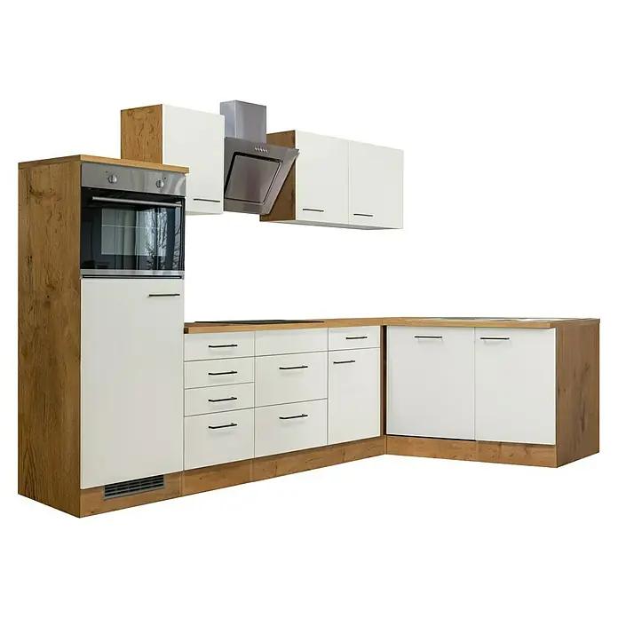 Flex-Well Avila Winkelküche - L x B: 170 cm x 280 mm, Magnolia, Mit Elektrogeräten - Moderne L-förmige Küchenzeile in Weiß und hellem Holz, mit integriertem Backofen, Kochfeld und Dunstabzugshaube.
