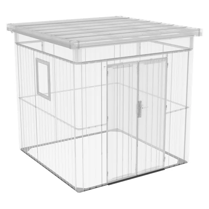 Gardol Basis-Rahmen Cubus - Passend für: Gardol Gerätehaus Cubus - Darstellung eines transparenten Gartenhauses mit Doppeltür und Fenster, ideal für den Outdoorbereich zur Lagerung von Gartengeräten.