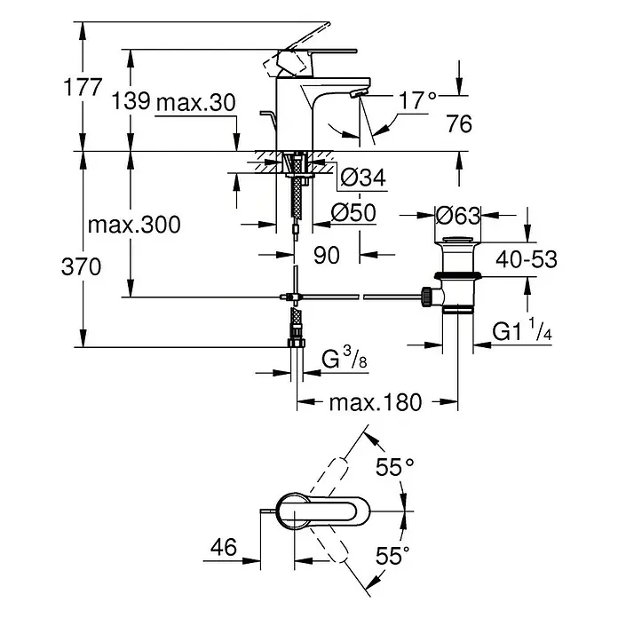 Grohe QuickFix Get Grifo de lavabo - Profundidad del grifo: 90 mm, Cromo, Brillante - Dibujo detallado de un grifo con dimensiones que indican la altura, la proyección y las conexiones para la instalación.
