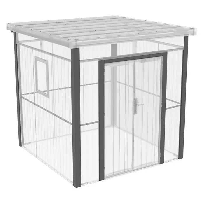 Gardol Ersatz-Wandpaneelrahmen Cubus - Passend für: Gardol Gerätehaus Cubus - Abbildung eines transparenten Gartenhauses mit Doppeltür und Fenster, ideal für Pflanzenliebhaber.