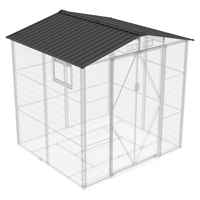 Gardol Ersatzdach Easy One - Passend für: Gardol Gerätehaus Easy One - Abbildung eines Gewächshauses mit dunklem Dach und transparenten Wänden. Geeignet für Gartenarbeit und Pflanzenzucht.