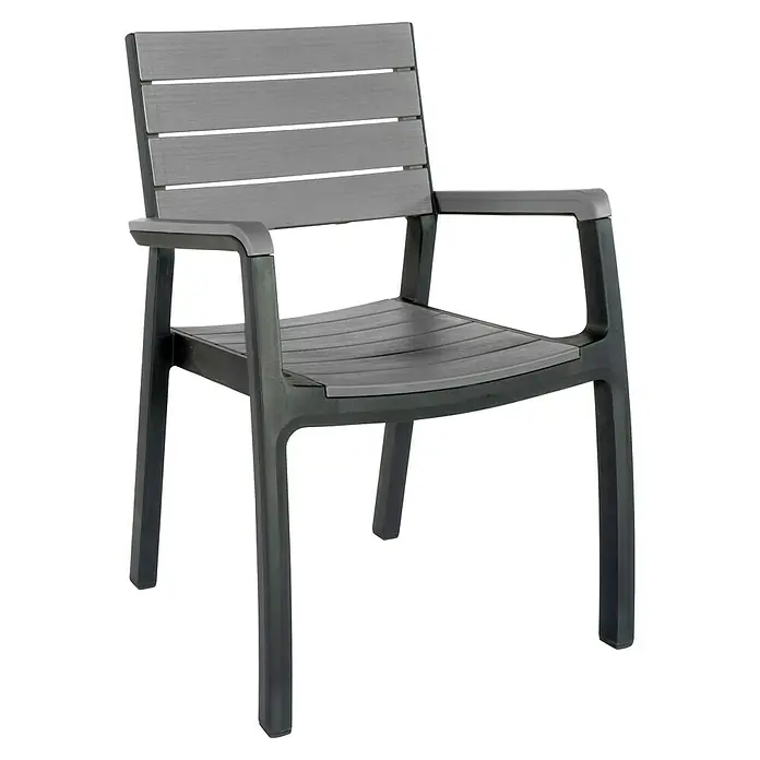 Keter Silla de jardín Harmony - 47 x 60 x 86 cm, Polipropileno, Negro - Una silla gris con reposabrazos de listones, apta para uso en exteriores, sobre un fondo negro.