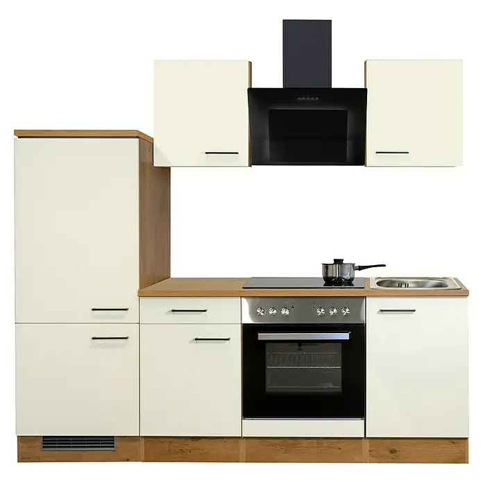 Flex-Well Avila Küchenzeile Typ 1 - Breite: 220 cm, Höhe: 200 cm, Magnolia, Mit Elektrogeräten - Creme Küchenzeile mit Holzdetails, schwarzen Geräten (Dunstabzug, Kochfeld, Ofen) und Edelstahlspüle.