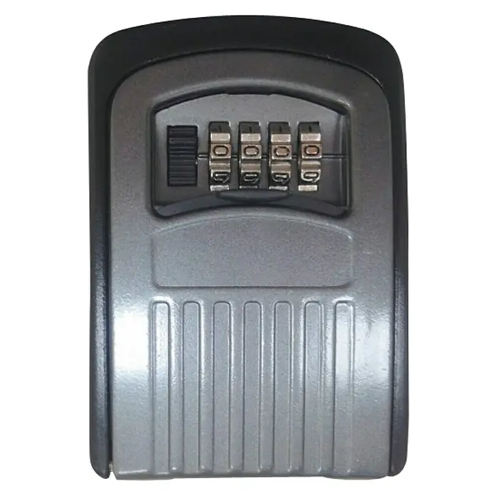 Arregui Caja para llaves Keeper SEG011 - 1 ud., 8,5 x 3,5 x 11,8 cm - Primer plano de una caja fuerte para llaves gris con cuatro diales de combinación, ideal para el almacenamiento seguro de llaves en exteriores.