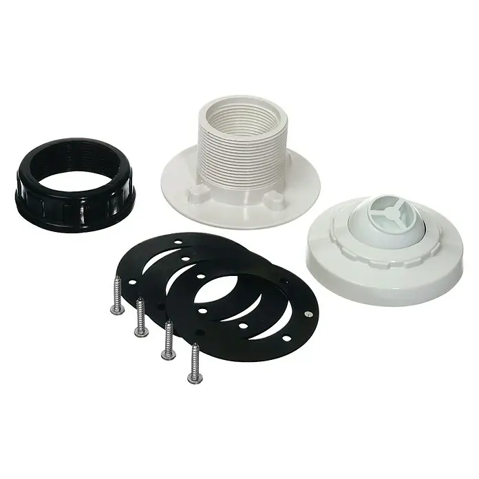 Boquilla de impulsión para Liner - ABS - Imagen de un accesorio de pared de piscina con juntas, tornillos y accesorios. Un conjunto completo para una instalación segura.