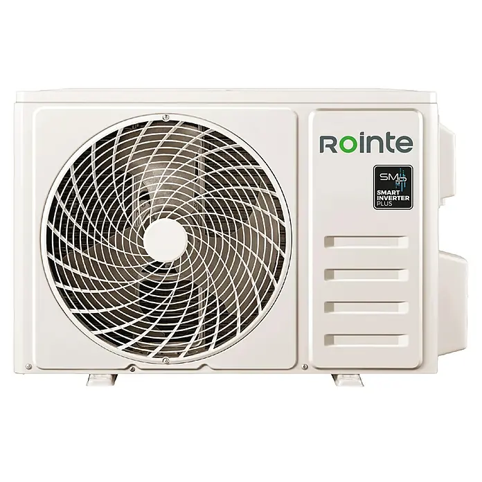 Rointe Aire acondicionado Inverter RX10 - 3.400 W, 3.420 W, 25 m², Blanco - Unidad exterior de aire acondicionado Rointe. La unidad exterior es blanca y tiene una rejilla de ventilador y el logotipo de Rointe.
