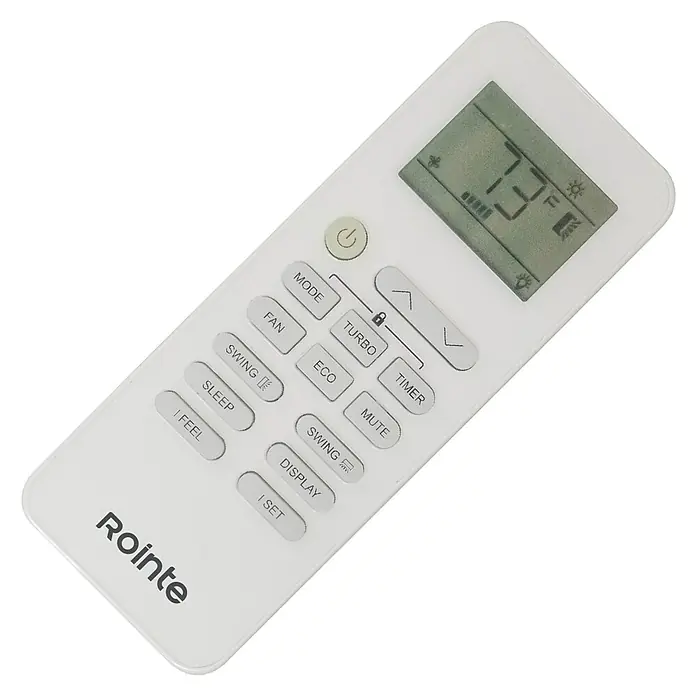 Rointe Aire acondicionado Inverter RX10 - 3.400 W, 3.420 W, 25 m², Blanco - Primer plano de un mando a distancia blanco Rointe de aire acondicionado con varias funciones y pantalla digital.