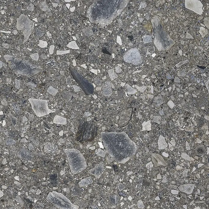 Feinsteinzeugfliese Terrazzo Ceppo - 59,7 x 119,7 cm, Graphit, Glänzend - Dunkelgraue Terrazzo-Oberfläche mit unterschiedlichen hellen und dunklen Steinsplittern.