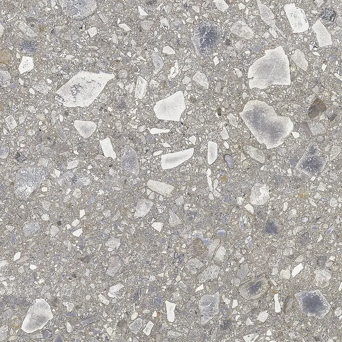Feinsteinzeugfliese Terrazzo Ceppo - 59,7 x 119,7 cm, Silber, Glänzend - Graue Terrazzo-Oberfläche mit hellen und dunklen Steinsplittern, ideal für Böden oder Arbeitsplatten.