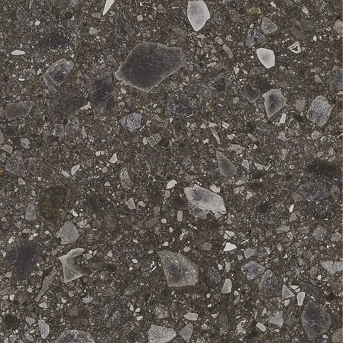 Feinsteinzeugfliese Terrazzo Ceppo - 59,7 x 119,7 cm, Schwarz, Glänzend - Dunkelgraue Komposit-Steinplatte mit unterschiedlichen hellen und dunklen Mineraleinschlüssen.