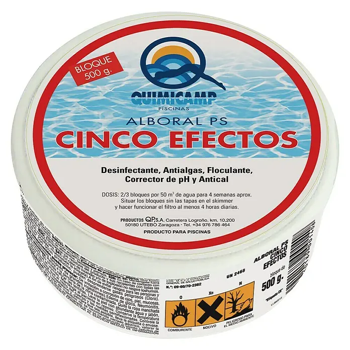 Quimicamp Tabletas multifunción 5 efectos Alboral - 500 g - Bote de limpiador de piscinas multiacción Quimicamp Alboral PS Cinco Efectos.