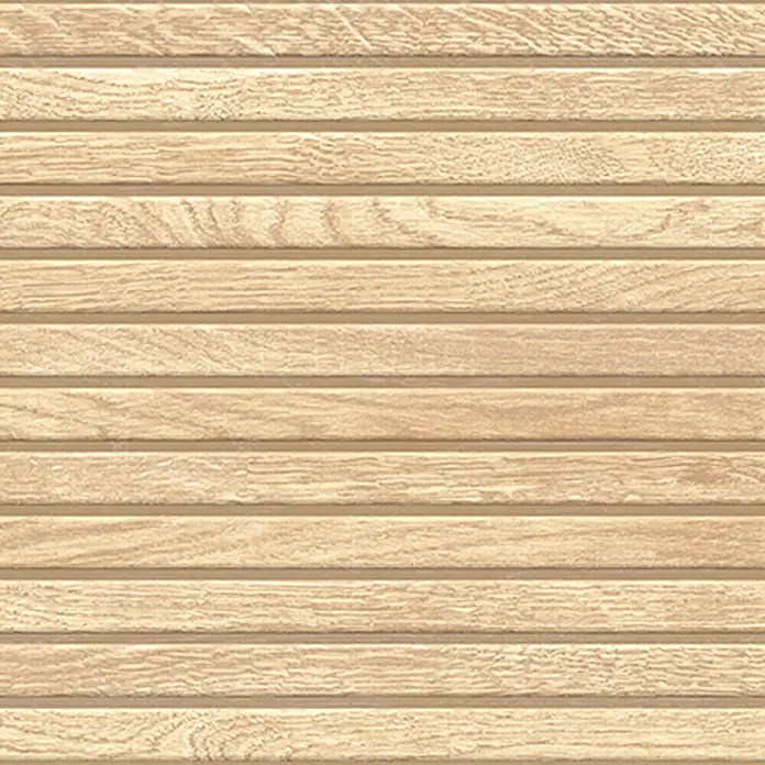 Wandfliese Boseli Wood - 29,8 x 59,8 cm, Hellbeige, Matt - Bild eines horizontal gestreiften Holzpaneels mit feiner Maserung und warmen Farbtönen, ideal als Wandverkleidung oder Bodenbelag.