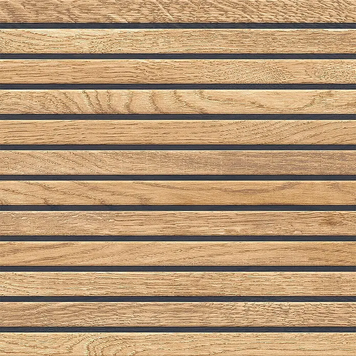 Wandfliese Boseli Wood - 29,8 x 59,8 cm, Beige, Matt - Detailaufnahme einer Holzpaneelwand mit horizontalen, hellbraunen Holzlatten und dunklen Fugen, die ein modernes Designelement zeigt.