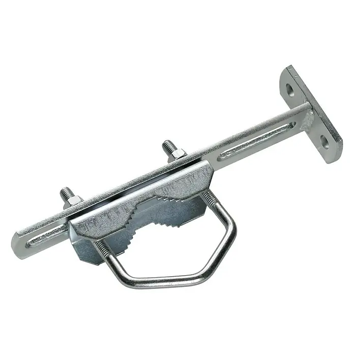 Schwaiger Abstandhalter - Rohre bis 60 mm Außendurchmesser, Verzinkt - Eine detaillierte Aufnahme einer verzinkten Rohrschelle mit Befestigungsplatte, ideal für Installationen. Robuste Bauweise für sicheren Halt.