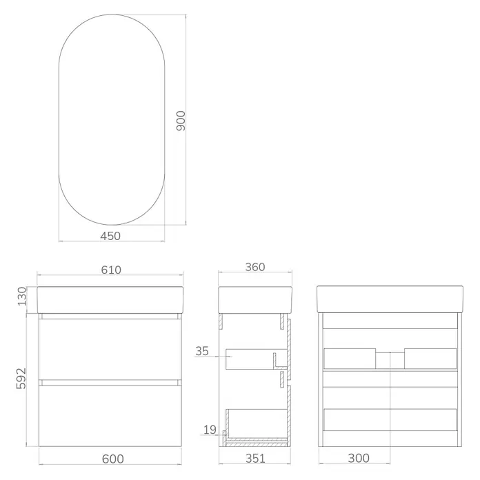 Artysan Conjunto de mueble de baño Osaka Slim - Ancho: 60 cm, Negro/Nogal, 3 pzs. - Dibujo técnico de un mueble de baño con espejo y dimensiones detalladas para la planificación.