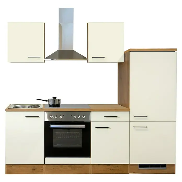 Flex-Well Avila Küchenzeile Typ 3 - Breite: 220 cm, Höhe: 200 cm, Magnolia, Mit Elektrogeräten - Kompakte Küchenzeile mit cremefarbenen Schränken, Holzplatte, Edelstahlspüle, Induktionskochfeld, Backofen und Dunstabzugshaube.