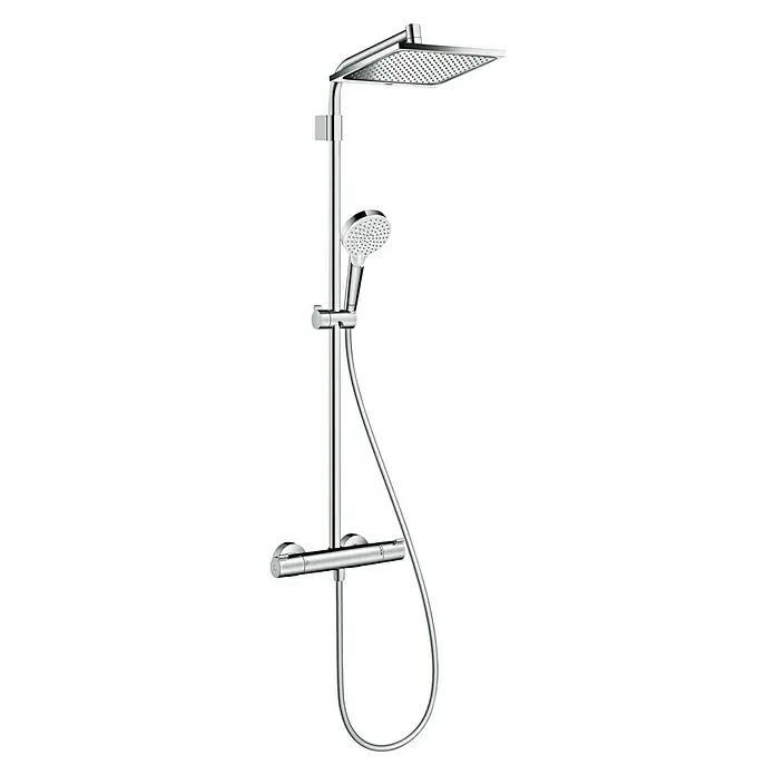 Hansgrohe Sistema de ducha Crometta E240 - Número de tipos de chorro: 2 ud., Distancia entre orificios: 75 cm - 85 cm, Cromo - Imagen de un sistema de ducha cromado con ducha fija y de mano, que ofrece una experiencia de baño moderna.
