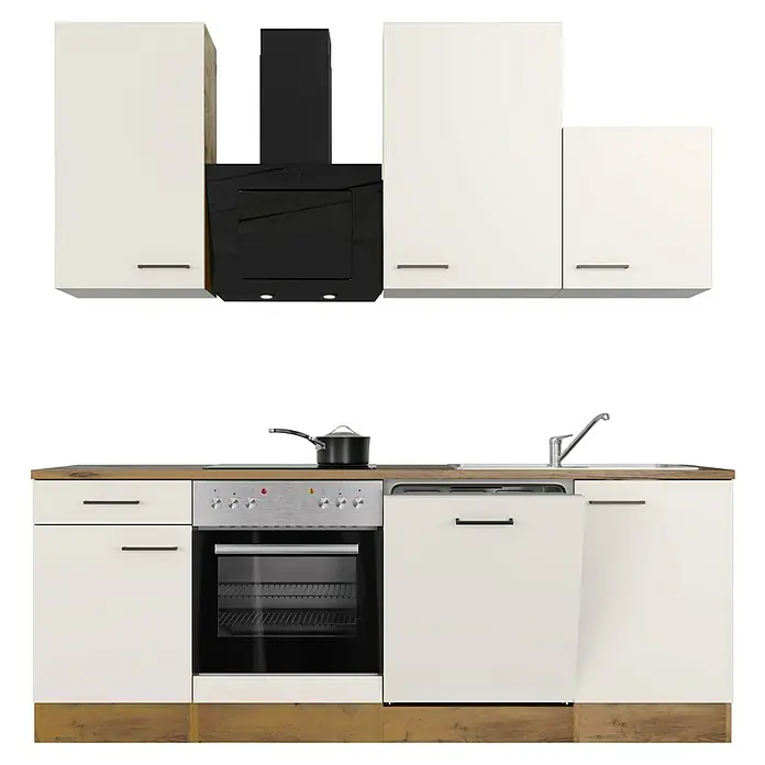 Flex-Well Avila Küchenzeile Typ 4 - Breite: 220 cm, Höhe: 234 cm, Magnolia, Mit Elektrogeräten - Weiße Küchenzeile mit Holzplatte, integriertem Backofen, Geschirrspüler, Spüle und schwarzer Dunstabzugshaube.
