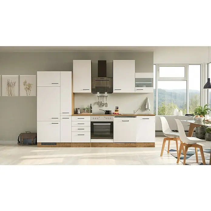 Flex-Well Avila Küchenzeile Typ 2 - Breite: 310 cm, Magnolia, Mit Elektrogeräten - Moderne Küche in Weiß mit Holzelementen, ausgestattet mit Einbaugeräten und viel Stauraum für ein stilvolles Kocherlebnis.
